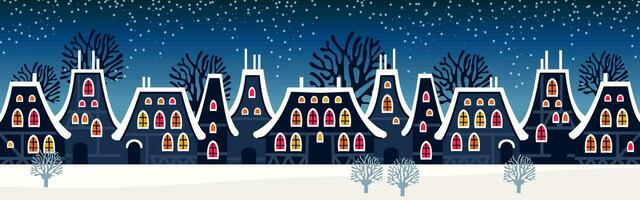 söt jul och vinter- natt stad hus. snöig stad panorama. vektor