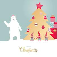 Polar- Bär und 3 Weihnachten Elfen winken Hände Sprichwort Hallo. golden Weihnachten Baum mit Geschenke. Vorlage zum fröhlich Weihnachten und Neu Jahr Karten, Grüße, Banner oder Plakate. vektor