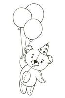 Vektor Linie Illustration im Gekritzel Stil. süß Bär im ein festlich Hut ist fliegend auf Luftballons. Kinder- Illustration gezeichnet durch Hand