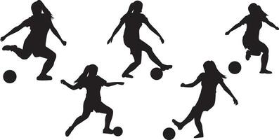 en ung kvinna spelar fotboll silhuett vektor