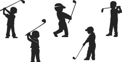 ein Kind spielen Golf Silhouetten. Golf Spieler Silhouetten. Golfspieler Silhouetten. Vektor Illustration