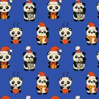 nahtlos Muster mit Panda mit Dekoration Weihnachten auf Blau Hintergrund. vektor