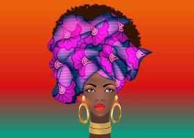 Afro-Frisur schönes Porträt afrikanische Frau in Wachsdruck-Stoff-Turban, Goldschmuck, Diversity-Konzept. schwarze Königin, ethnische Kopfkrawatte für Afro verworrenes lockiges Haar. Vektor isolierten bunten Hintergrund