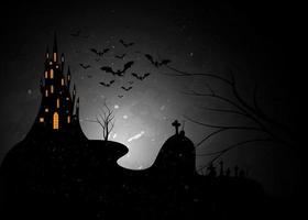 Halloween-Schloss und Friedhof, Nachtparty-Hintergrund mit Fledermäusen und Nebel, Vektorillustration. gruselige Partyeinladungs-Flyer-Vorlage mit Horrorsymbolen vektor
