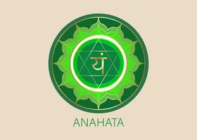 anahata fjärde chakra med det hinduiska sanskritfrömantrat vam. grönt är en platt designstil symbol för meditation, yoga. rund logotyp mall vektor isolerad på beige bakgrund