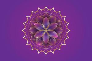 sjunde chakra sahasrara logotyp mall. guldkrona chakrasymbol, gyllene lyxiga sakrala lotusskyltmeditation, livets blomma, yoga rund mandalaikon, vektor isolerad på lila bakgrund
