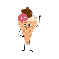 süßes Eis in einem Waffelbecher-Charakter mit Emotionen, Gesicht, Armen und Beinen. das lustige oder stolze, dominante süße kalte Essen, gefrorenes Dessert mit Augen vektor