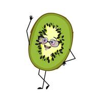 süßer Kiwi-Charakter mit Brille und fröhlichen Emotionen, Gesicht, glücklichen Augen, Armen und Beinen. süßes exotisches tropisches Fruchtlächeln vektor