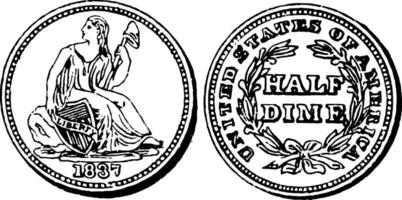 Silber Hälfte Dime Münze, 1837 Jahrgang Illustration. vektor