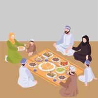 muslimische familie isst zusammen flache farbvektorillustration pro vektor