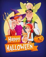 glückliche halloween-vektorkarte mit familie in kostümen vektor
