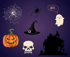 Objekte Halloween Hintergrund Vektor Kürbis Süßes oder Saures mit Spinnenschloss und Ghost Boo