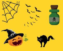 Objekte Halloween-Hintergrund-Vektor-Kürbis-Katze mit Spinne und Fledermaus vektor
