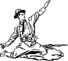 Soldat kniend werfen Granate, Jahrgang Illustration. vektor