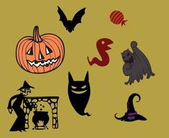 abstraktes Design Halloween Tag 31. Oktober Objekte Geist Süßigkeiten und Fledermaus dunkle Illustration Kürbis Vektor