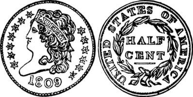 Kupfer Hälfte Cent Münze, 1809 Jahrgang Illustration. vektor