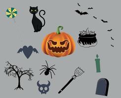 abstrakte glückliche Halloween-Feiertagsvektorobjekte mit Fledermausspinnenkürbis und Katzengrabsüßigkeit vektor