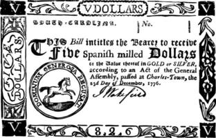 papper pengar, fem dollar räkningen, 1776 årgång illustration. vektor