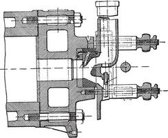 vertikal sektion av de låda enligt till de axel av de introduktör lumen av de explosiv blandning i de otto motor cylinder, årgång gravyr. vektor