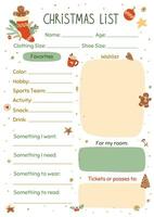 Weihnachten wünscht sich aufführen Vorlage mit Weihnachten Dessert lecker Lebkuchen Kekse. Vektor Winter Urlaub Geschenk Planer, Anmerkungen, Zeitplan, Planer, Checkliste, Notizbuch. Süss Kinder Weihnachten aufführen zum Weihnachtsmann.