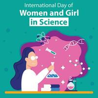 Illustration Vektor Grafik von ein Frau ist experimentieren mit Mischen Chemikalien, perfekt zum International Tag, Frauen und Mädchen im Wissenschaft, zelebrieren, Gruß Karte, usw.