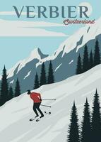 Reise Ski im verbier Poster Jahrgang Vektor Illustration Design. National Park im Schweiz Jahrgang Poster.