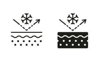 barriär hud från kyl- piktogram. snöflinga på hud lager, skydd av hud förfrysning symbol samling. effekt av hud kall linje och silhuett svart ikon uppsättning. isolerat vektor illustration.