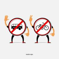 zwei Karikatur Zeichen halten oben Zeichen Das sagen Nein Fahrräder und Nein Busse vektor