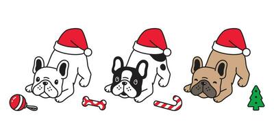 hund vektor jul franska bulldogg santa claus hatt ikon valp sällskapsdjur godis sockerrör karaktär tecknad serie symbol illustration design