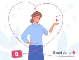 givare ung kvinna donera blod. begrepp av donation, värld blod givare dag, plasma. vektor