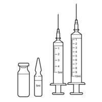 medicinsk spruta med nål och flaskor, ampuller. isolerat översikt illustration på vit bakgrund. vektor