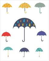 Regenschirm Symbol. bunt Regenschirme zum Regen, Wasser und Sonne. Regenschirme mit verschiedene bunt Motive. Regenschirm mit handhaben. eben Vektor Illustration.