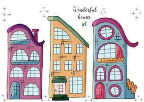 uppsättning illustrationer av små hus i handritstil. samling av vektorillustrationer för din design. härliga teckningar vektor