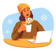 Lycklig kvinna innehav en kopp av kaffe och en bärbar dator vektor