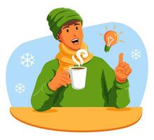 Mann mit ein Tasse von heiß Kaffee und ein Licht Birne vektor