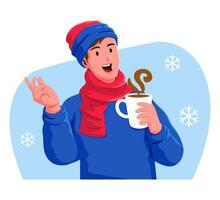 glücklich Mann mit ein Tasse von heiß trinken im das Winter vektor