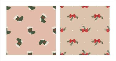 sömlös mönster uppsättning med jul grön strumpa och röd rosett bukett. jul och ny år begrepp. hand dragen retro årgång vektor textur för tapet, grafik, omslag, textil-