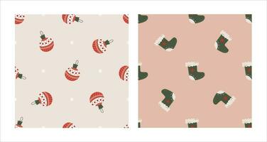 nahtlos Muster einstellen mit Weihnachten Grün Socke und Baum Spielzeuge. Weihnachten und Neu Jahr Konzept. Hand gezeichnet retro Jahrgang Vektor Textur zum Hintergrund, Drucke, Verpackung, Textil-