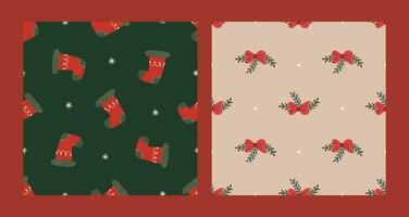 nahtlos Muster einstellen mit Weihnachten rot Socke und Bogen. Weihnachten und Neu Jahr Konzept. Hand gezeichnet retro Jahrgang Vektor Textur zum Hintergrund, Drucke, Verpackung, Textil-