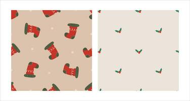 sömlös mönster uppsättning med jul röd strumpa och järnek. jul och ny år begrepp. hand dragen retro årgång vektor textur för tapet, grafik, omslag, textil-