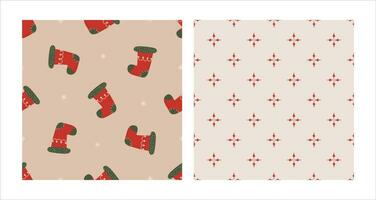 nahtlos Muster einstellen mit Weihnachten rot Socke und geometrisch Ornament. Weihnachten und Neu Jahr Konzept. Hand gezeichnet retro Jahrgang Vektor Textur zum Hintergrund, Drucke, Verpackung, Textil-