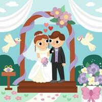 Vektor Hochzeit Szene mit süß gerade verheiratet Paar. Ehe Zeremonie Landschaft mit Braut und Bräutigam. Mann und Ehefrau Stehen im das Bogen mit Tauben und Blumen
