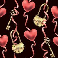 guld metall hänglås med en hål, nyckel hjärta form och hjärta röd suspenderad på röd band. hand dragen vattenfärg illustration. sömlös mönster på en mörk bakgrund vektor