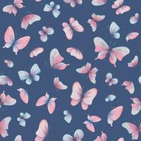 fjärilar är rosa, blå, lila, flygande, delikat med vingar och stänk av måla. hand dragen vattenfärg illustration. sömlös mönster på en blå bakgrund, för design vektor