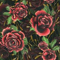rot schwarz Rose Blumen mit Grün Blätter und Knospen, golden Geäst schick, hell, schöne. Hand gezeichnet Aquarell Illustration. nahtlos Muster auf ein dunkel Hintergrund, zum Dekoration und Design. vektor