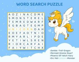 Wort Suche Puzzle mit magisch Kreaturen und Tiere. Bildung Spiel zum Kinder. bunt Kreuzworträtsel zum Lernen Englisch Sprache. Karikatur Rechtschreibung Puzzle. Prüfung zum Kinder. Vektor Illustration.