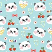 sömlös mönster av söt panda Björn ansikte med söt ikon på blå pastell bakgrund.vild djur- karaktär tecknad serie design.cherry,hjärta,munk,blomma,hej ord hand drawn.kawaii.vector.illustration. vektor