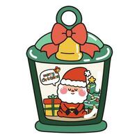 söt santa claus sitta i jul lampa med träd och gåva låda bakgrund tecknad.glad jul text.klocka.karaktär design.bild för kort, affisch, sticker.isolated.kawaii.vector.illustration. vektor