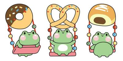 uppsättning av söt groda spelar en gunga bageri begrepp design.reptil djur- karaktär tecknad serie design.barn leksak.kul tid.munk, sött, efterrätt, bröd, godis hand drawn.kawaii.vector.illustration. vektor