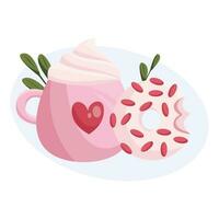 rosa kopp med kakao grädde och munk. vektor illustration för valentines dag